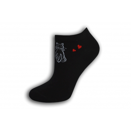 Krátke dámske ponožky s mačkou - čierne
