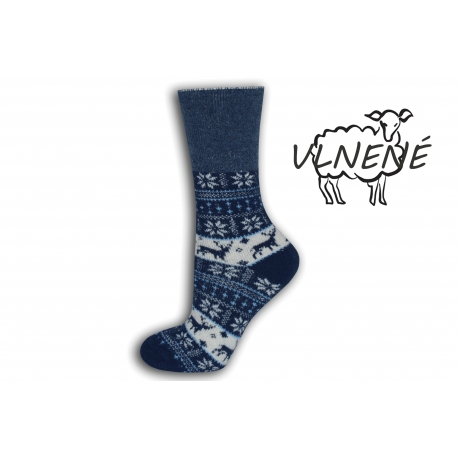 Zdravotné vlnené teplé ponožky s jeleňom - modré